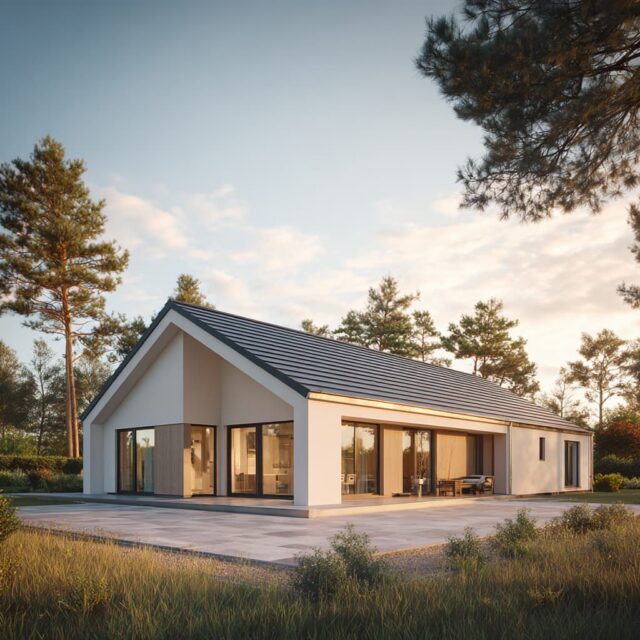 Außenperspektive eines modernen Bungalows im Grünen