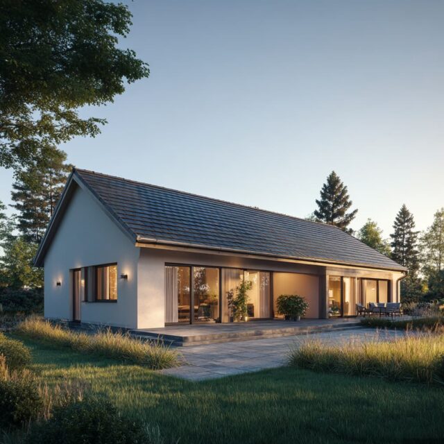 Bungalow mit klar gegliederter Fassade und Terrassenzone