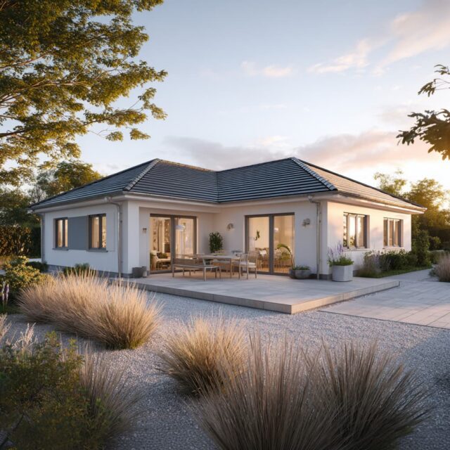 Moderner Bungalow mit heller Fassadengestaltung und Terrassenfläche