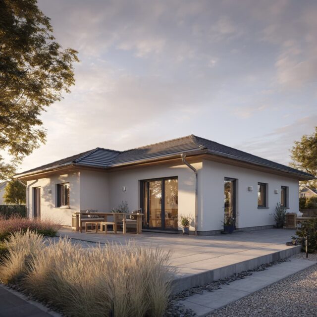 Eingeschossiger Bungalow mit großflächiger Verglasung und Gartenbereich