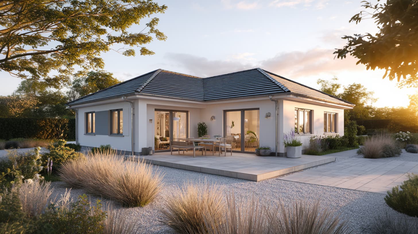 Außenansicht eines Bungalows mit befestigtem Zugangsweg