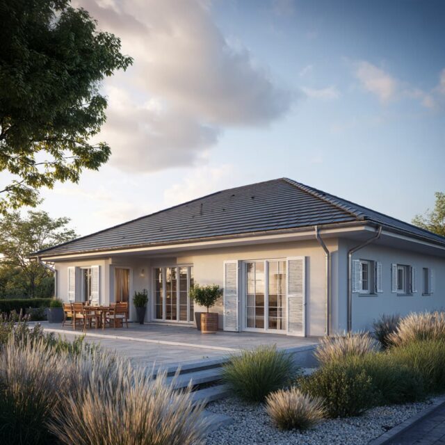 Eingeschossiger Bungalow mit überdachter Terrasse und Glasfront