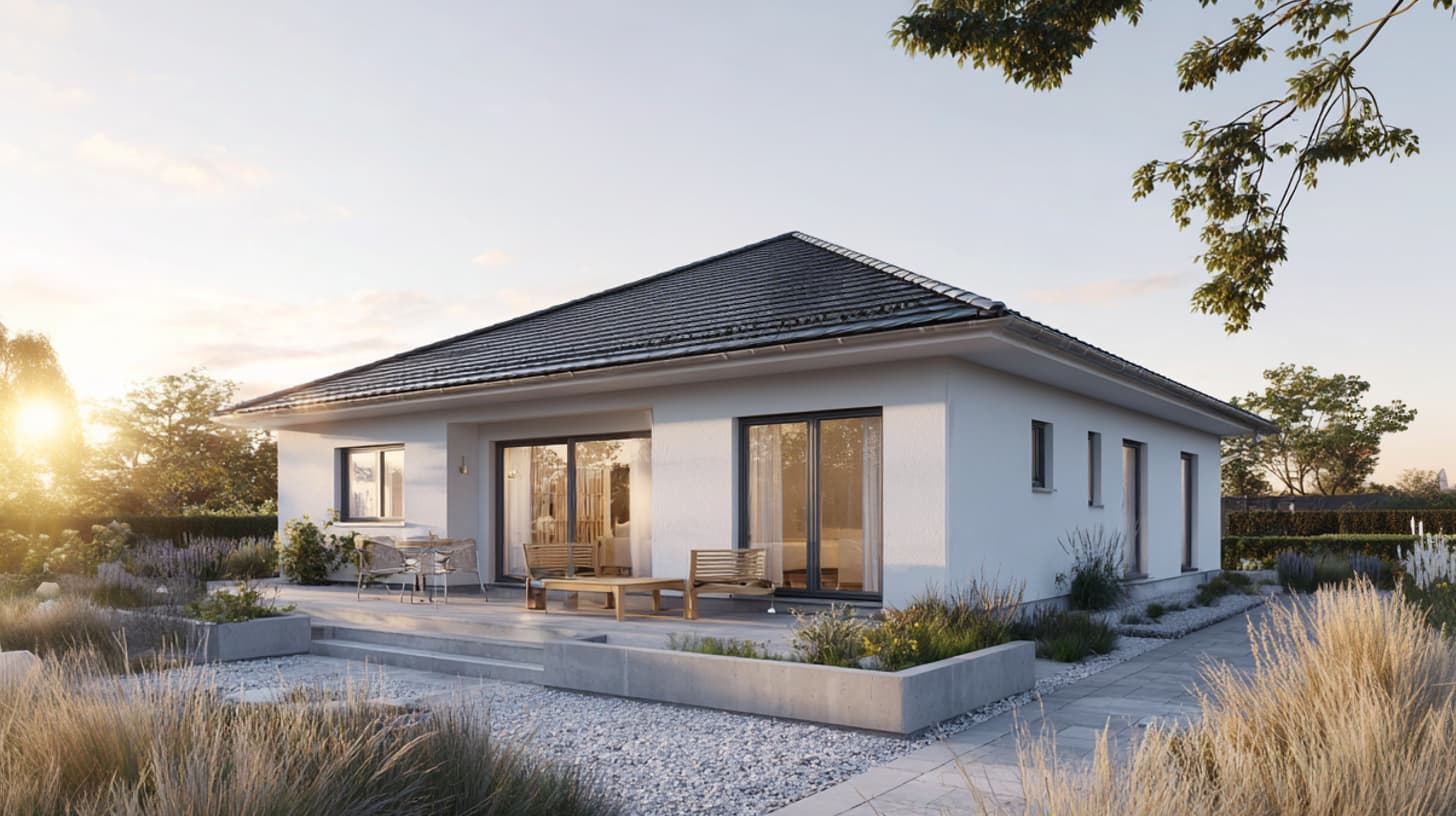 Außenperspektive eines modernen Bungalows mit Grünumfeld