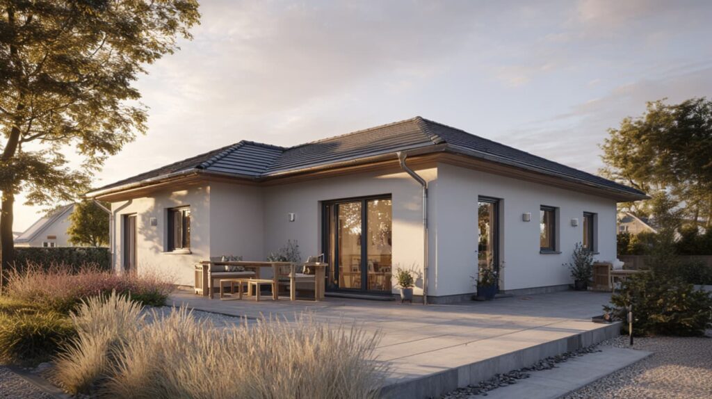 Bungalow mit strukturierter Außenanlage und bodentiefen Fenstern