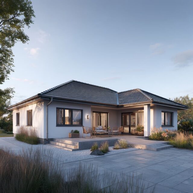 Moderner Bungalow mit klarer Fassadengliederung und Außenbereich