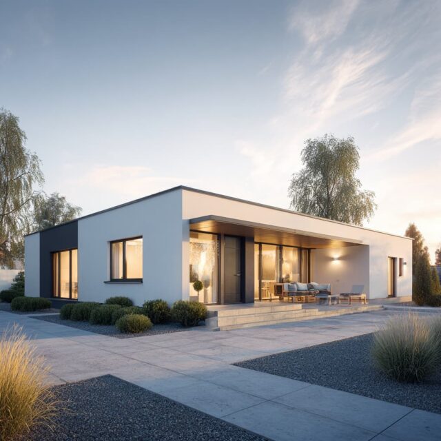 Moderner Bungalow mit offener Terrassengestaltung und Gartenfläche