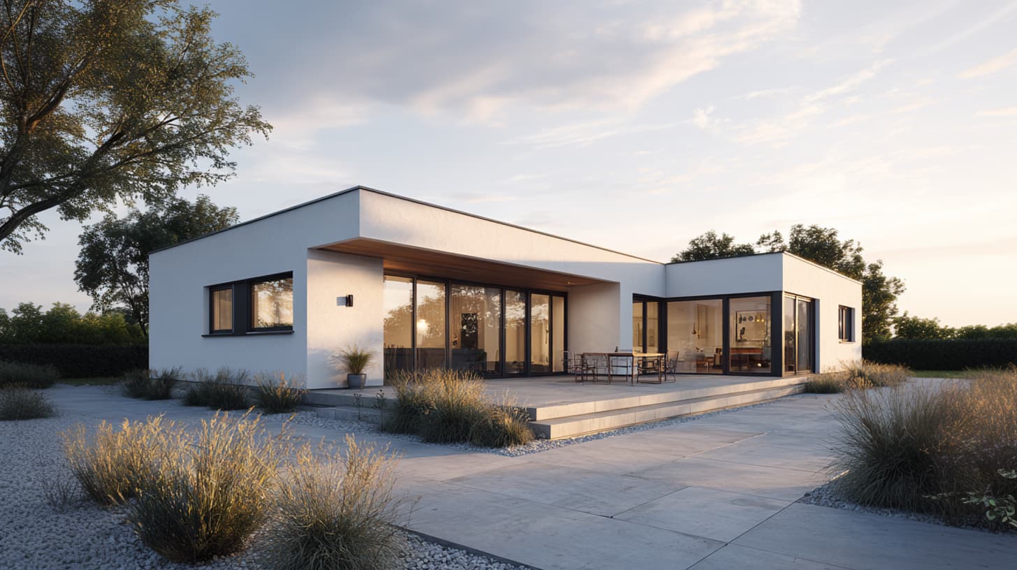 Außenansicht eines Bungalows mit großzügigen Fensterflächen