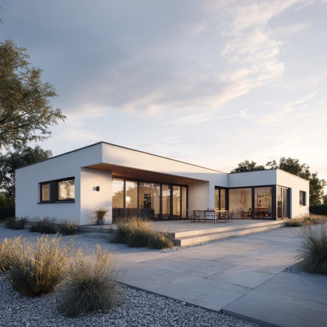 Moderner Bungalow mit bodentiefen Fenstern und Terrassenanschluss