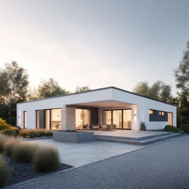Außenperspektive eines modernen Bungalows mit Gartenumfeld