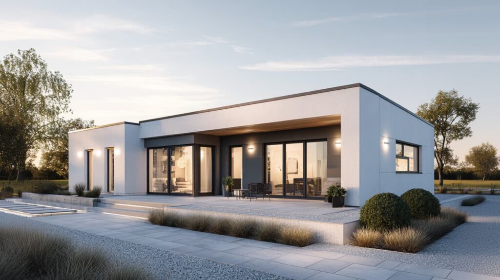 Eingeschossiger Bungalow mit Satteldach und strukturierter Außenfläche