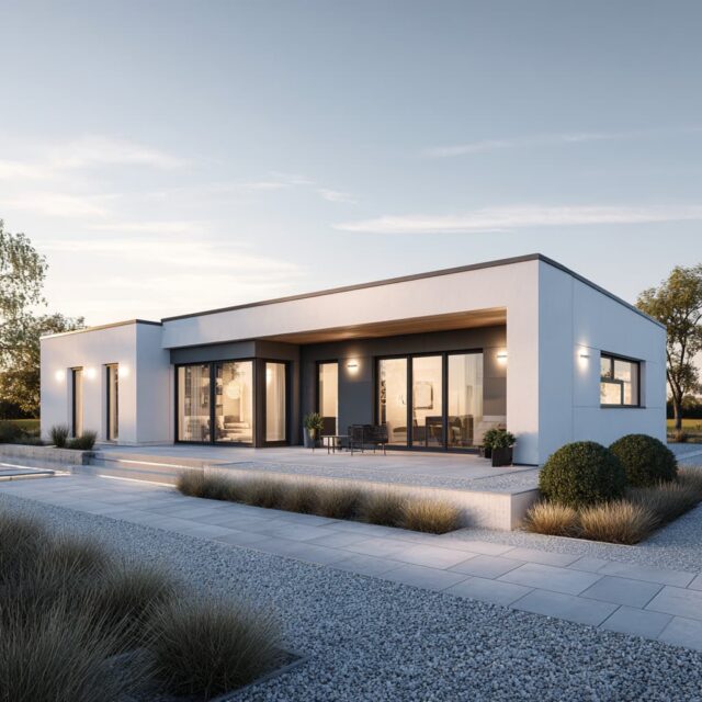 Bungalow mit klar gegliederter Fassade und Terrassenzone