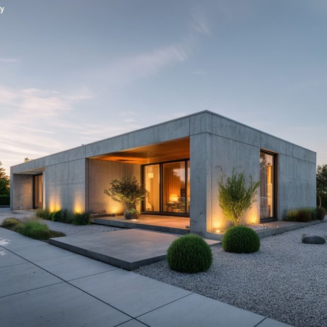 Bungalow mit Flachdach, Glasfront und minimalistisch gestalteter Außenanlage