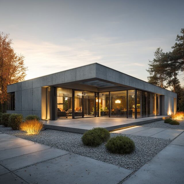 Moderner Bungalow mit klarer Linienführung und beleuchtetem Außenbereich