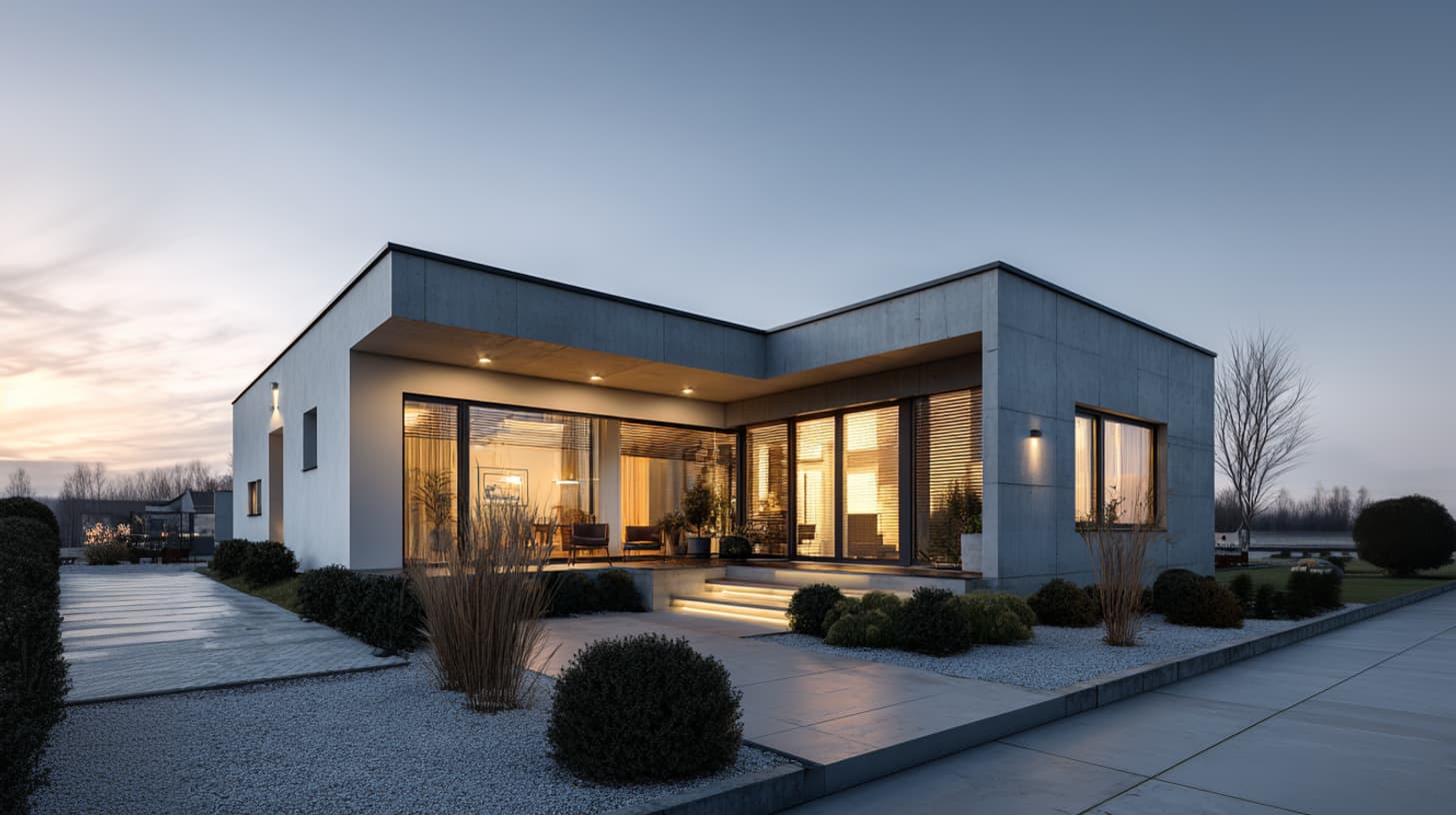 Bungalow mit Flachdach, großzügiger Fensterfront und strukturierter Außenfläche