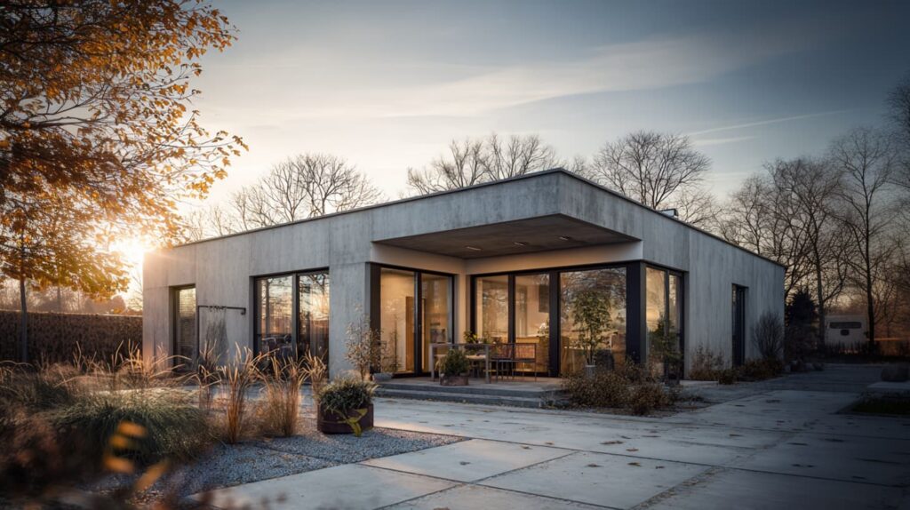 Außenansicht eines modernen Bungalows mit bodentiefen Fenstern und Gartenanlage