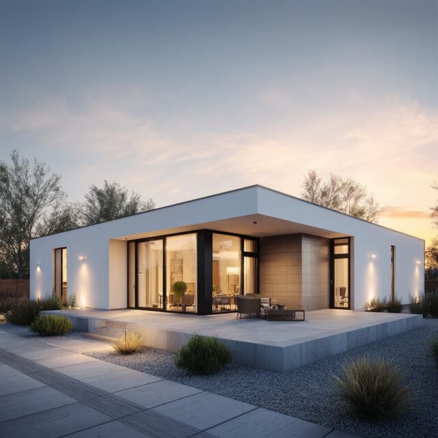 Bungalow mit Flachdach und minimalistisch gestalteter Außenanlage