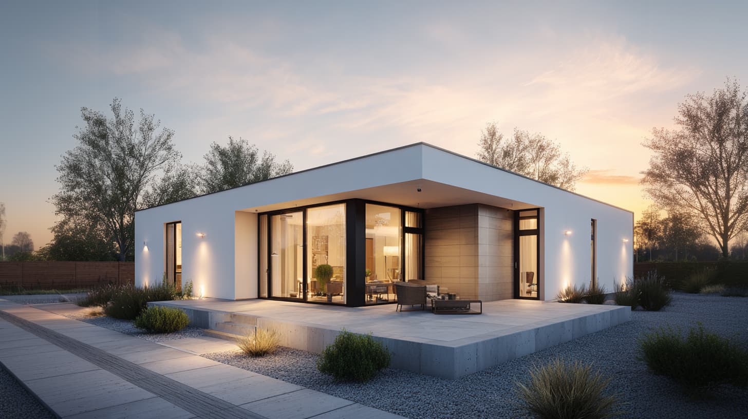 Außenperspektive eines modernen Bungalows im Gartenumfeld