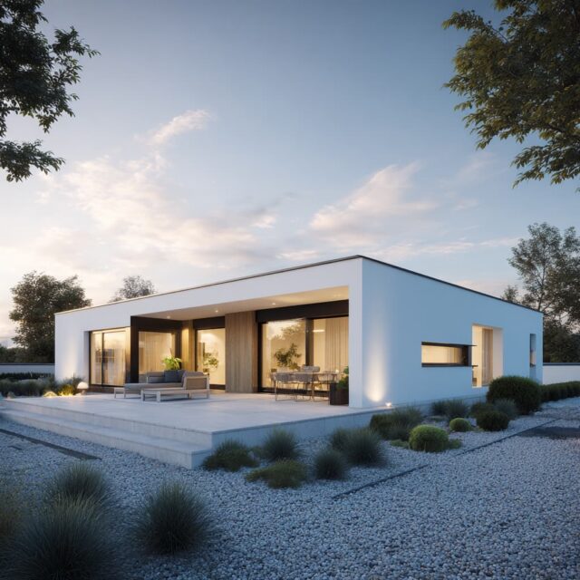 Eingeschossiger Bungalow mit Glasfassade und befestigter Terrasse