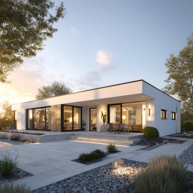 Bungalow mit Flachdach, großzügiger Verglasung und gepflastertem Vorplatz