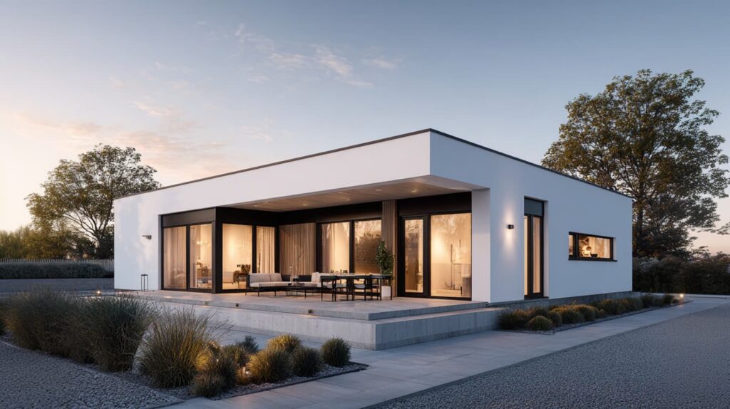 Außenansicht eines modernen Bungalows mit Terrasse und Gartenanlage