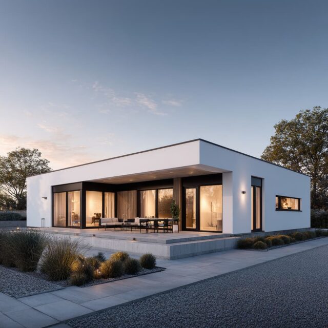 Eingeschossiger Bungalow mit klarer Architektur und bodentiefen Fenstern