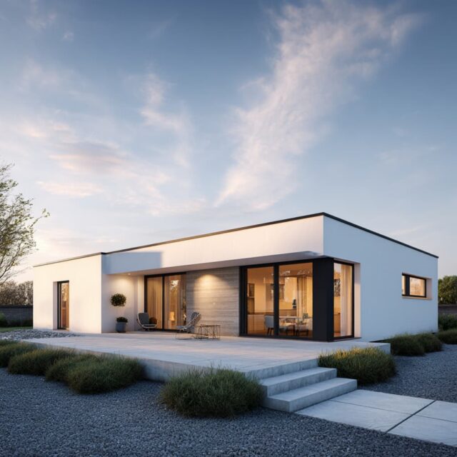 Moderner Bungalow mit Flachdach, Glasfront und befestigtem Außenbereich