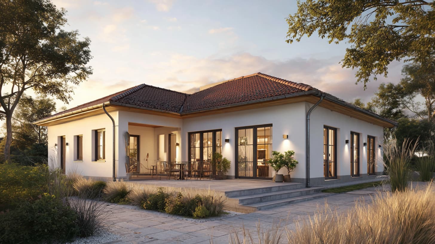 Bungalow mit Walmdach und zeitgemäßer Fassadengestaltung