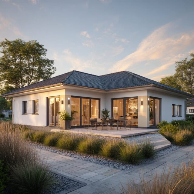 Außenperspektive eines modernen Bungalows mit Gartenanlage