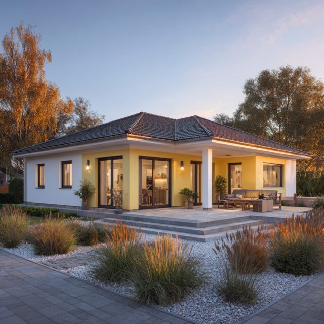 Moderner Bungalow mit klarer Architektur und gepflastertem Vorplatz