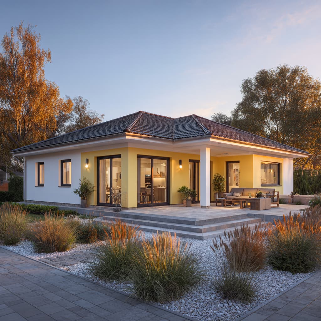 Moderner Bungalow mit klarer Architektur und gepflastertem Vorplatz