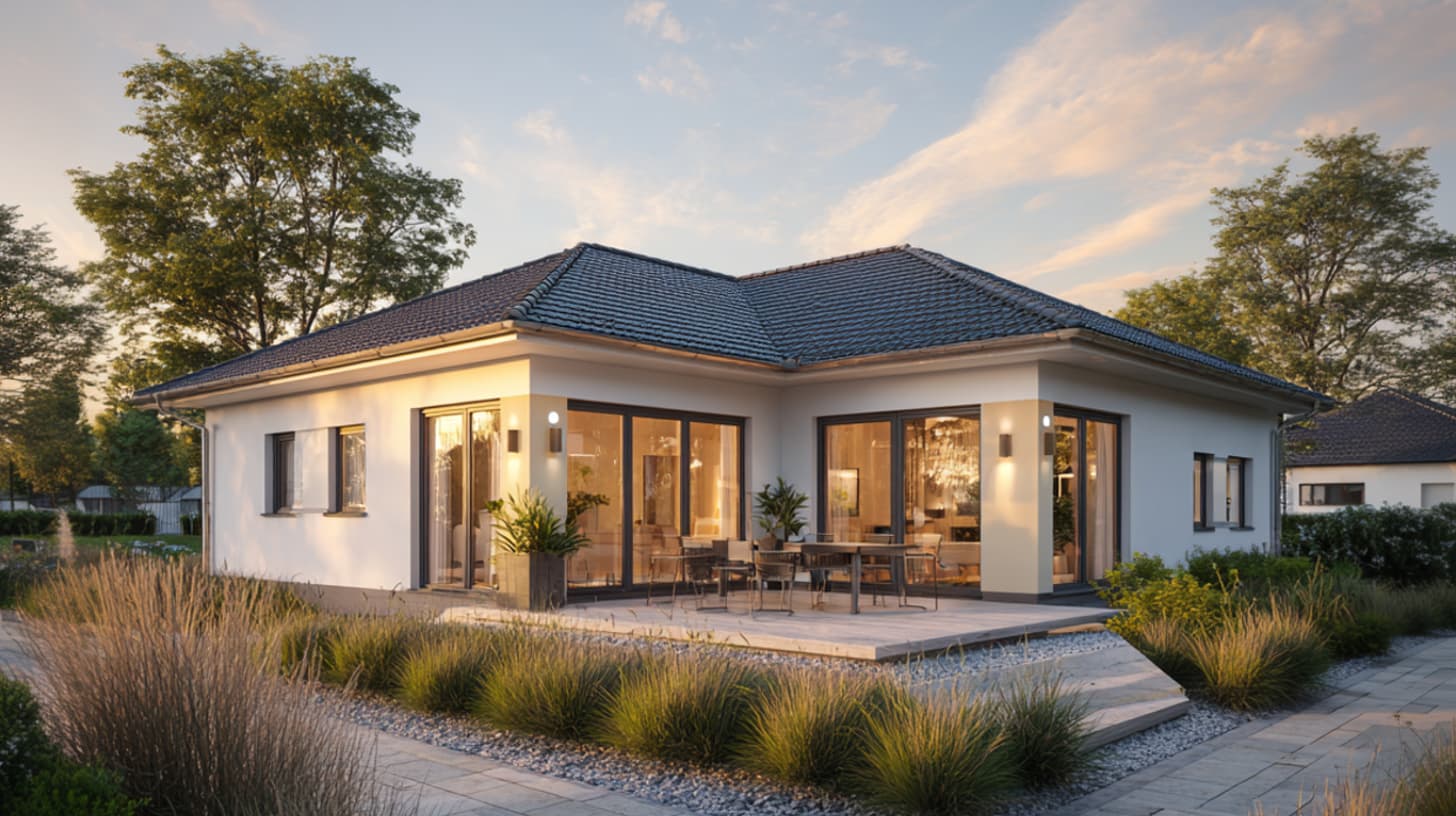 Bungalow mit Walmdach, großzügiger Verglasung und strukturierter Außenfläche