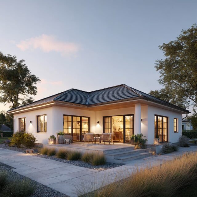 Außenansicht eines modernen Bungalows mit Terrasse und Gartenumfeld