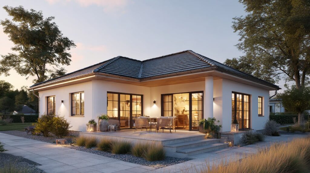 Eingeschossiger Bungalow mit Walmdach und bodentiefen Fenstern