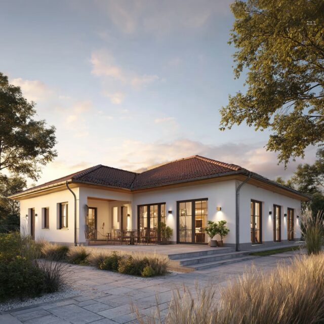 Moderner Bungalow mit Walmdach, heller Fassade und befestigtem Außenbereich