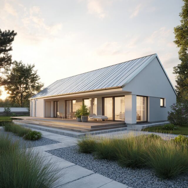 Eingeschossiger Bungalow mit Walmdach und großzügigen Fensterflächen