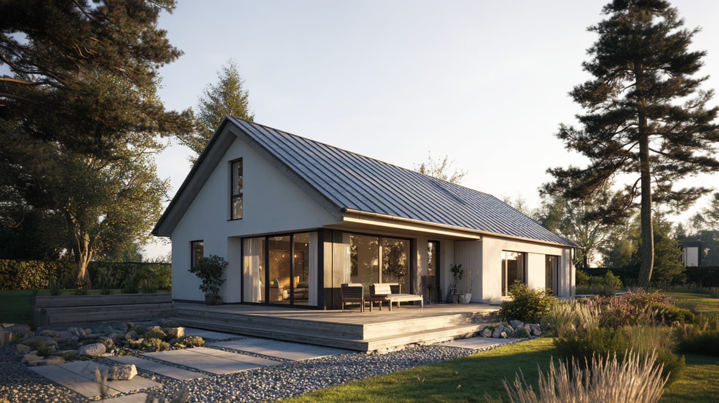 Außenansicht eines Bungalows mit Walmdach und befestigter Terrasse