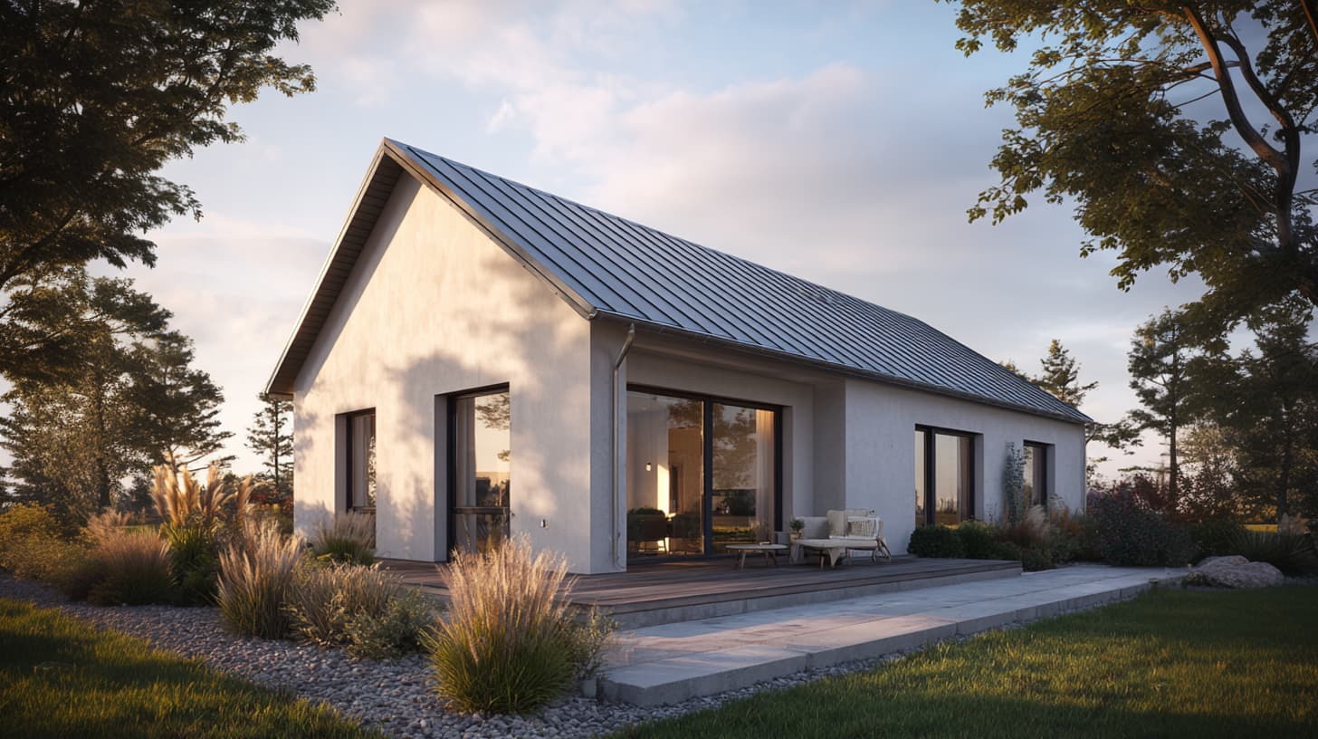 Bungalow mit Walmdach, heller Putzfassade und Gartenumfeld