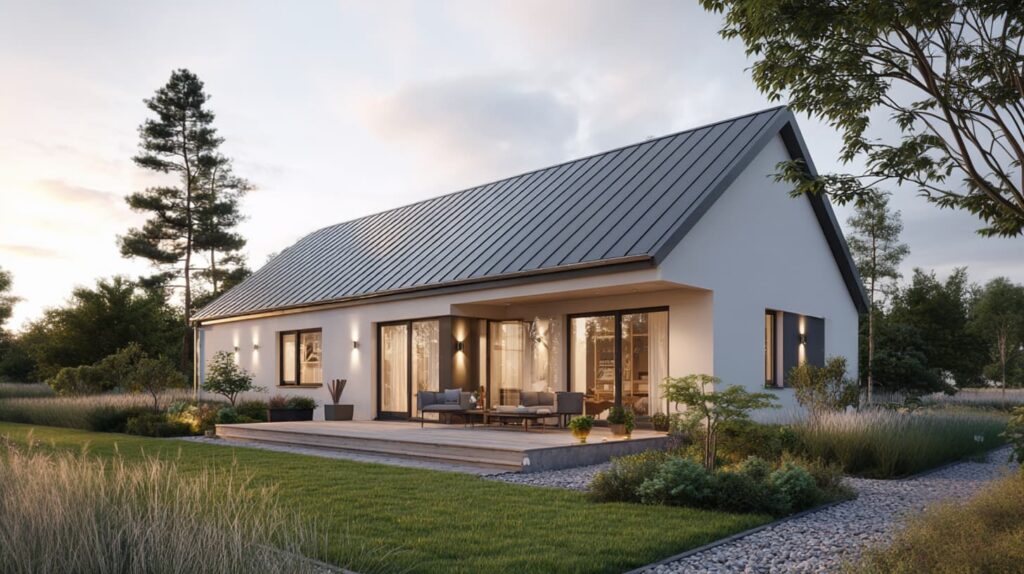 Moderner Bungalow mit Walmdach und strukturierter Außenanlage