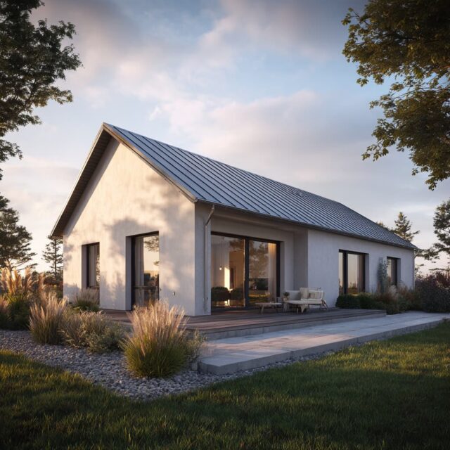 Eingeschossiger Bungalow mit Walmdach und bodentiefen Fenstern