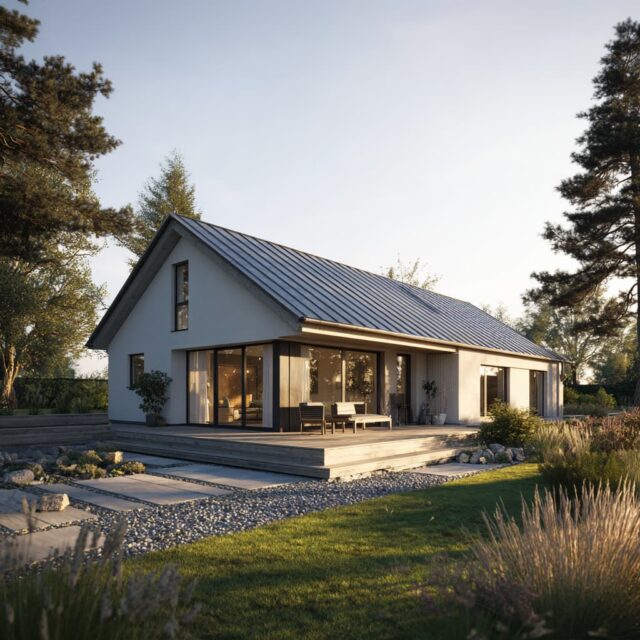 Außenperspektive eines modernen Bungalows mit Walmdach im Grünen