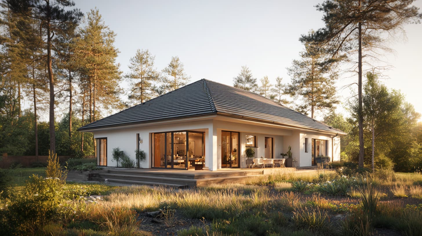 Bungalow mit weißer Fassade, Terrasse und Bepflanzung