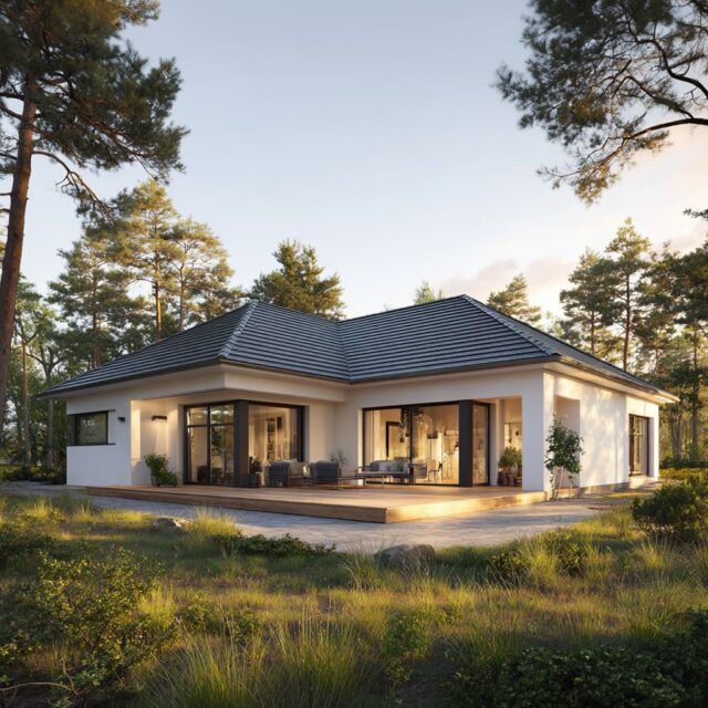 Moderner Einfamilien-Bungalow mit Garage und Einfahrt.
