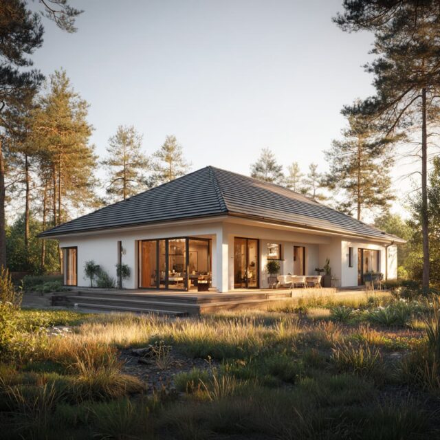 Bungalow mit großen Fenstern und Gartenmöbeln auf der Terrasse.