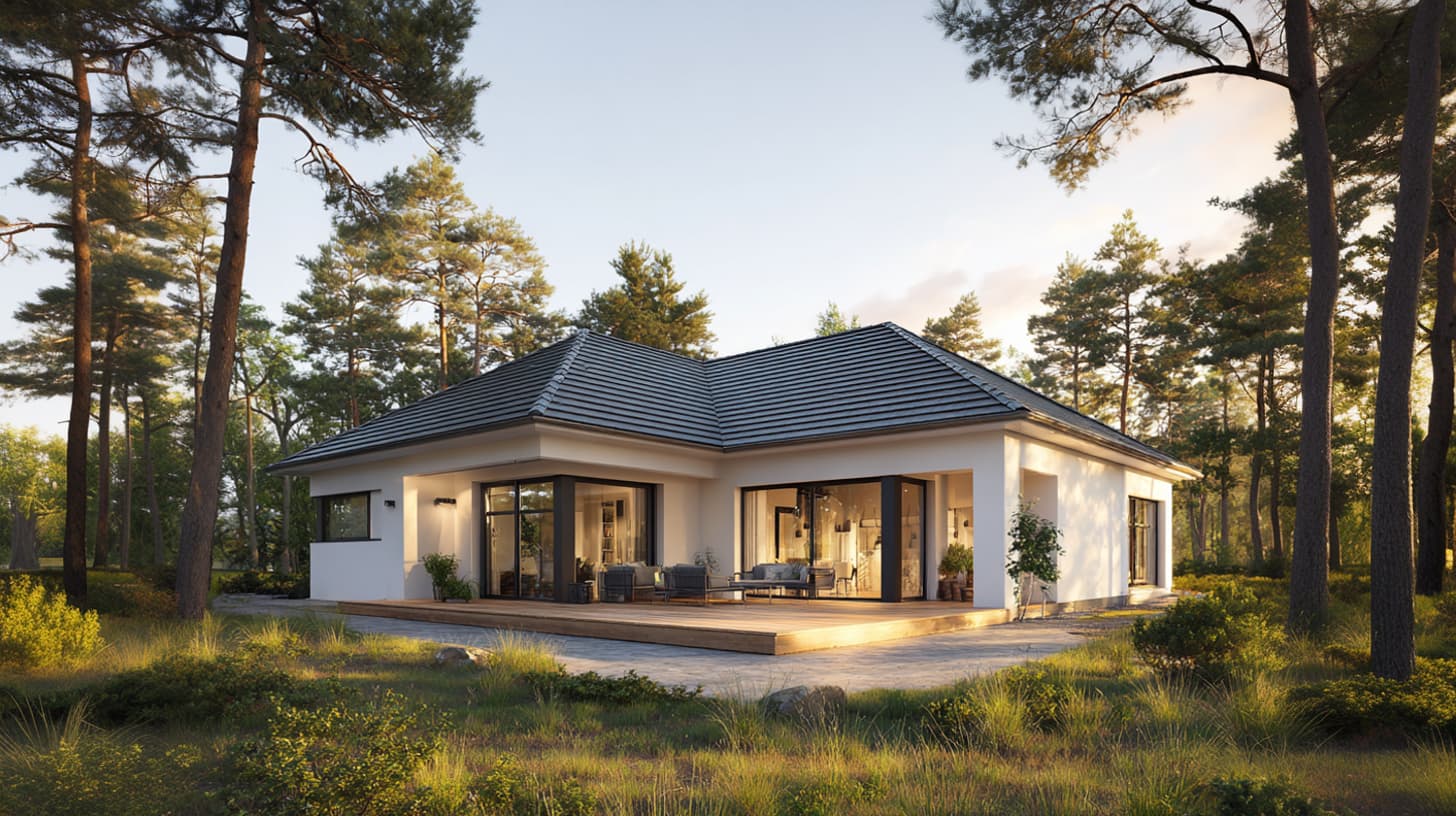 Eingeschossiger Bungalow mit Carport und Eingangsbereich.