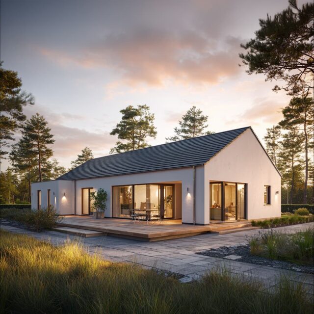 Holzverkleideter Bungalow mit Terrasse und Blumenkübeln