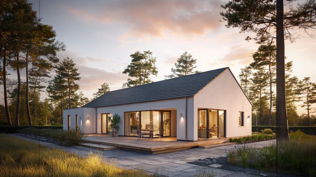 Bungalow mit rotem Ziegeldach und angrenzender Rasenfläche