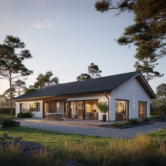 Einfamilien-Bungalow mit Veranda und Vorgarten.