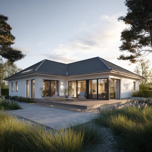 Moderner Bungalow mit Flachdach, großen Fenstern und Grünfläche.