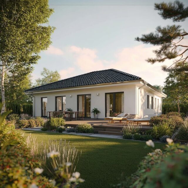 Freistehender Bungalow mit Garten und Terrasse bei Tageslicht.