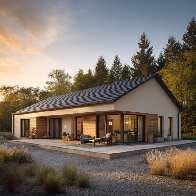 Bungalow mit bodentiefen Fenstern und Terrasse